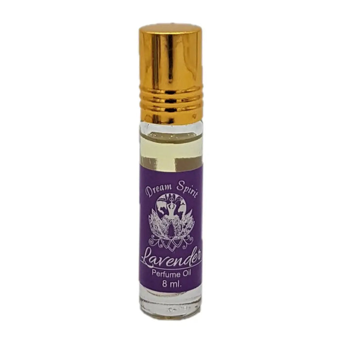 A clear glass roll-on bottle with a gold cap and purple label of dream spirit lavender perfume oil