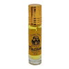 A golden roll-on glass bottle of dream spirit perfume oil with amber liquid and a black ornate label reading dream spirit passion