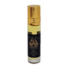 A sleek glass rollon bottle with gold cap holding 8ml of golden dream spirit perfume oil with ornate black label