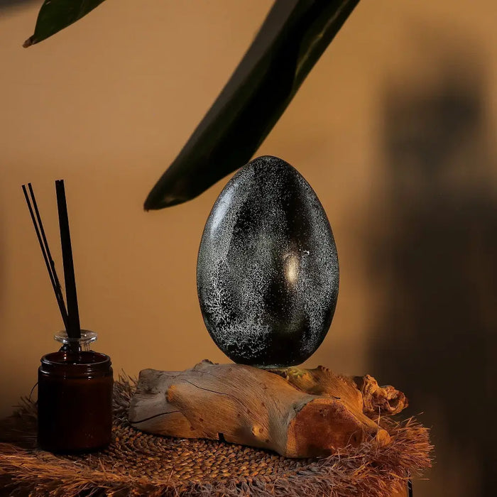 A sleek black crackle lava egg lamp with a grey crackle metallic shade on driftwood for the driftglow lamp collection