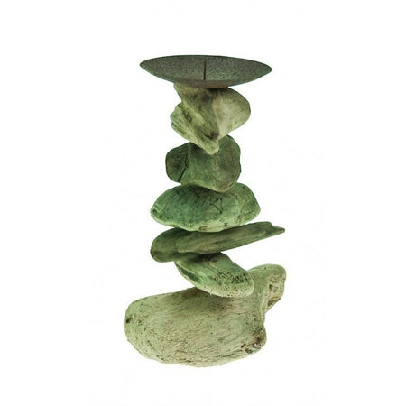 The Window, Milford Haven medium driftwood candle holder with a rustic stacked wood design and metal candle plate.