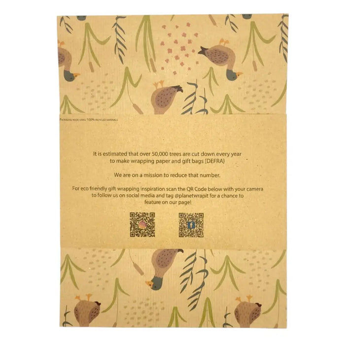 Beige recycled kraft wrapping paper with duck print and reeds in muted earth tones on a 1m x 50cm folded sheet