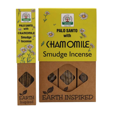 Yellow and brown cardboard packaging for earth inspired smudge palo santo incense with chamomile and daisy illustrations
