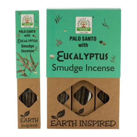 Teal and brown cardboard box showing earth inspired smudge incense with palo santo and eucalyptus sticks inside