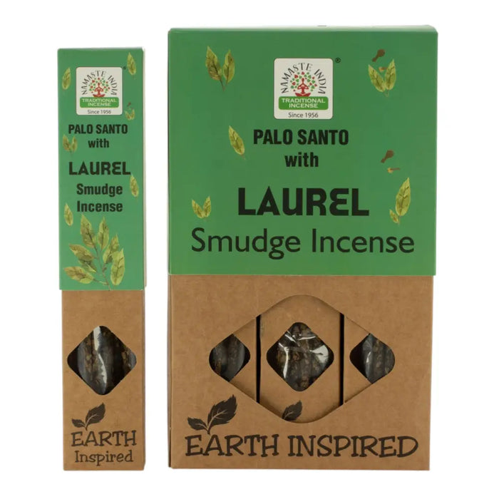 Green and brown cardboard packaging of namaste india earth inspired smudge incense palo santo with laurel sticks