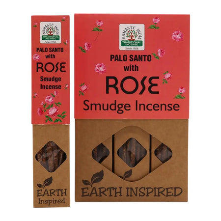 Red and brown cardboard packaging for earth inspired smudge incense palo santo with rose showing floral designs and incense sticks