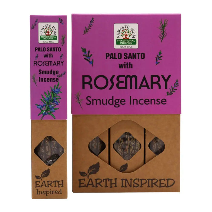 Purple and brown cardboard box containing earth inspired smudge incense palo santo with rosemary sticks