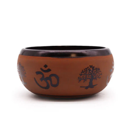 Terracotta clay om buddha earth powder singing bowl with glossy black rim and dark blue tree of life designs