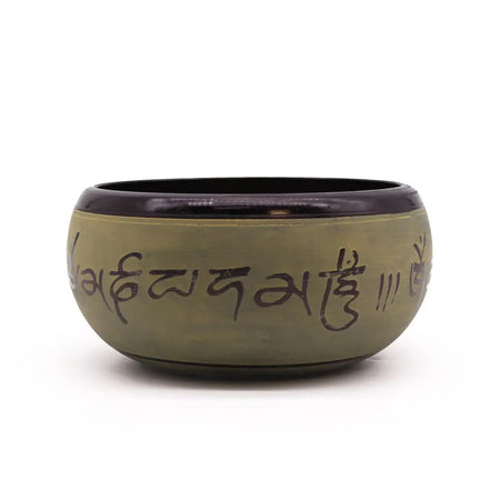 Olive-green earth powder singing bowl with dark brown rim and engraved sanskrit script from mantra five buddha series