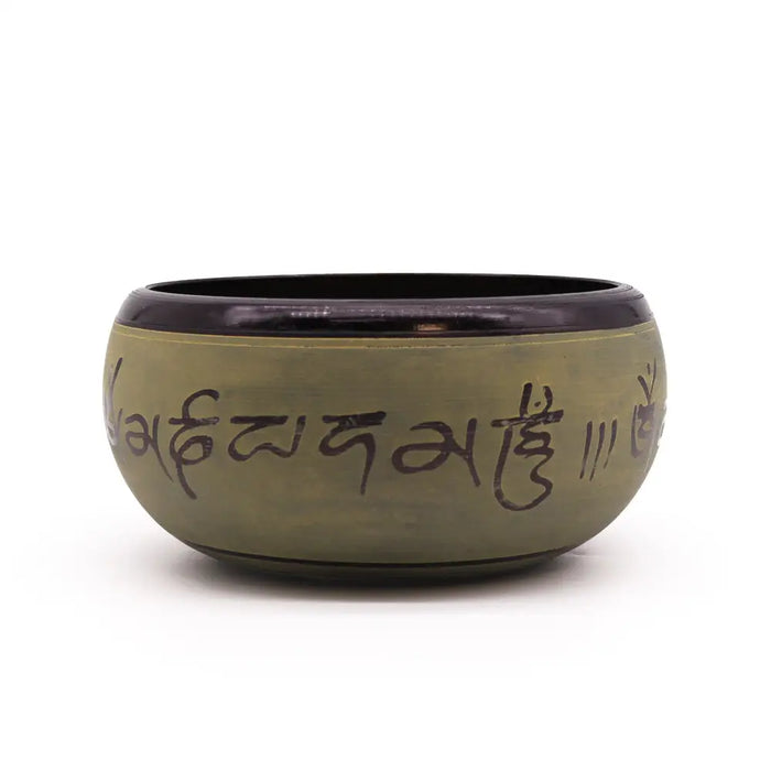 Olive-green earth powder singing bowl with dark brown rim and engraved sanskrit script from mantra five buddha series