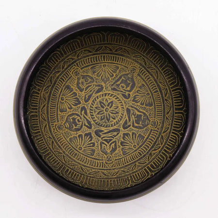 Dark bronze circular ashtray with gold embossed floral and geometric patterns for earth powder singing bowl mantra five buddha