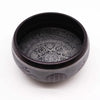Black hand carved earth powder singing bowl with silver toned five buddha geometric and floral engravings