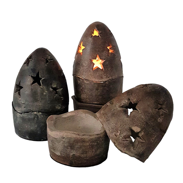 Chocolate Terracotta Egg-Shaped Tealight Holder with Stars