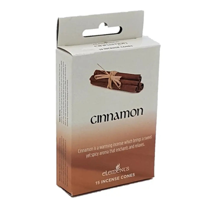 A white and brown gradient cardboard box of elements incense cones containing 15 cinnamon scented cones
