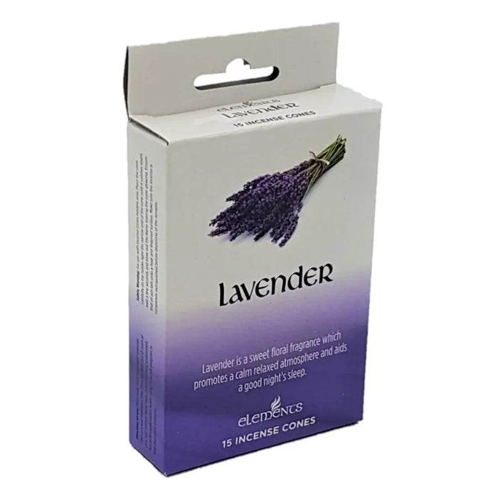 White and purple gradient cardboard box of elements lavender incense cones with a printed bundle of lavender flowers