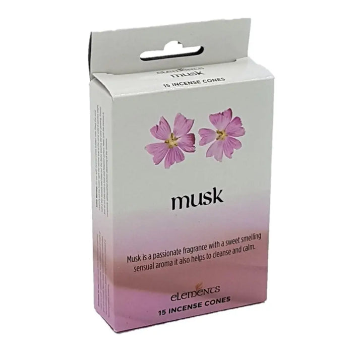 A white and pink gradient box of elements brand musk incense cones with a floral design featuring two purple flowers