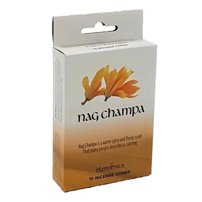 White and gold gradient box of elements nag champa incense cones with orange yellow flower illustration on the packaging