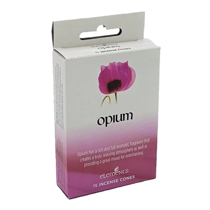 A white and pink gradient box of elements opium incense cones featuring a purple poppy illustration