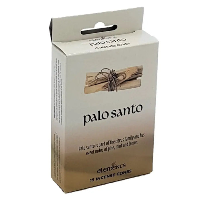 White and gold cardboard box of palo santo incense cones by elements featuring bundled wood image on packaging