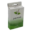 A sleek white and green cardboard box of Elements patchouli incense cones with botanical illustration and fragrance text
