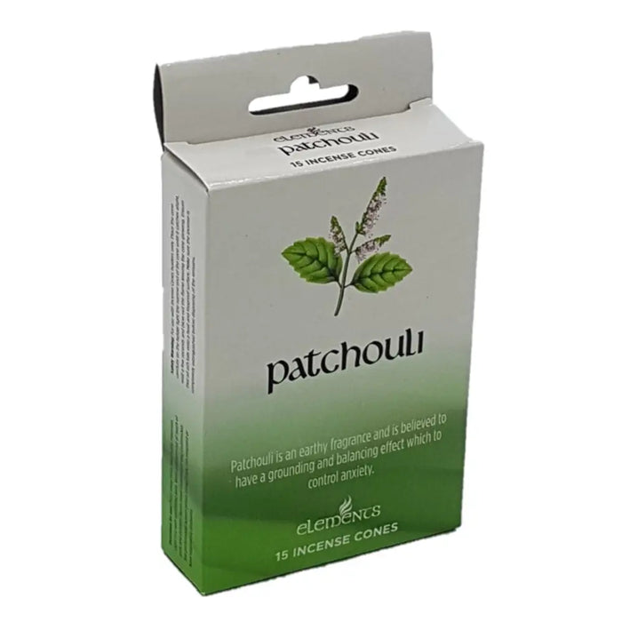 A sleek white and green cardboard box of Elements patchouli incense cones with botanical illustration and fragrance text