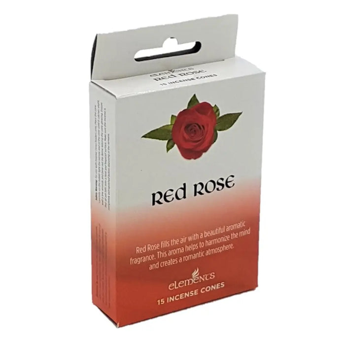 White and red gradient box of elements brand red rose incense cones showing a choice of fragrances packaging