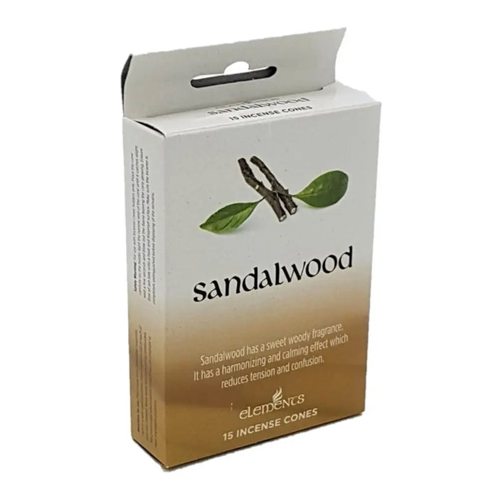White and gold gradient cardboard box of elements brand sandalwood incense cones in various fragrances