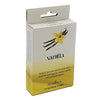 White and gold cardboard box of elements vanilla-scented incense cones with yellow flower and brown beans illustration