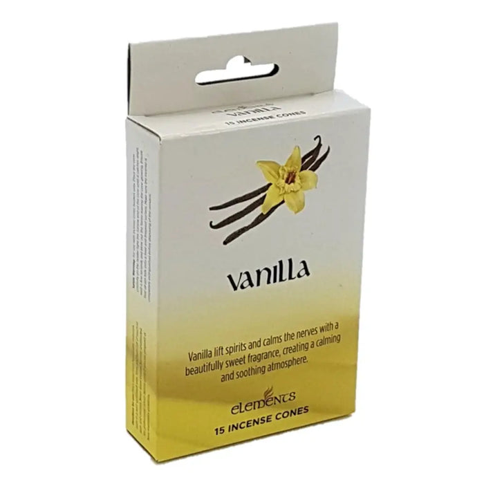 White and gold cardboard box of elements vanilla-scented incense cones with yellow flower and brown beans illustration