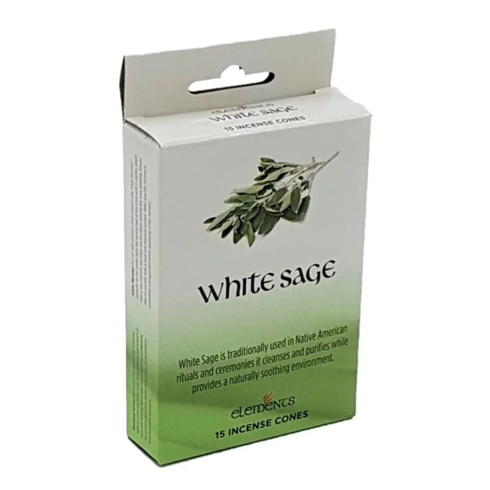 Elements incense cones white sage in sleek white and green cardboard package with illustrated leaf branch design