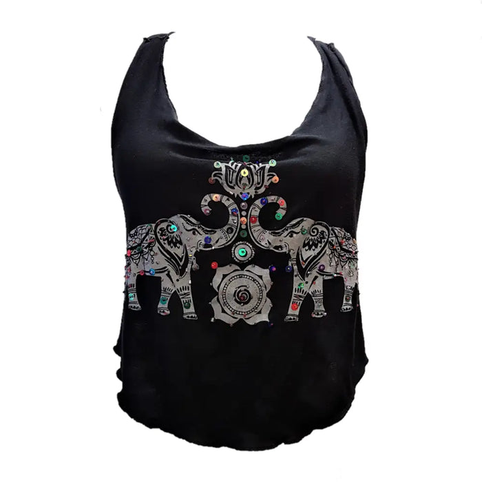 Black sleeveless cropped halter top with silver elephant designs decorated with colorful sequins and beads