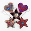 Handcrafted hanging ornaments in five designs with embroidered and beaded heart and star shapes in vibrant colors