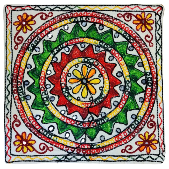 Vibrant embroidered cushion cover with red green yellow and white concentric floral patterns for standard cushions