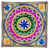 Embroidered cushion cover with vibrant pink green and blue floral circles accented by silver mirror beads for standard cushions