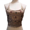 Beige embroidered halter neck cropped top with floral beadwork and fringe detailing in soft fabric