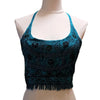Teal velvet halter neck cropped top with black floral embroidery and fringe detailing in choice of colours