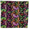 Embroidered velveteen cushion cover with neon pink lime green orange and yellow paisley floral patterns on black background
