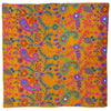 Vibrant orange embroidered velveteen cushion cover with intricate paisley floral patterns and shiny mirror beads