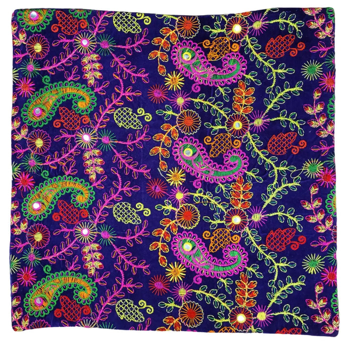 Navy blue embroidered velveteen cushion cover with multicolored paisleys and floral motifs for standard cushions