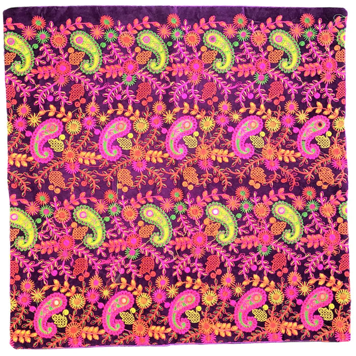Vibrant purple embroidered velveteen cushion cover with colorful paisley and floral patterns in neon pink lime green orange and yellow