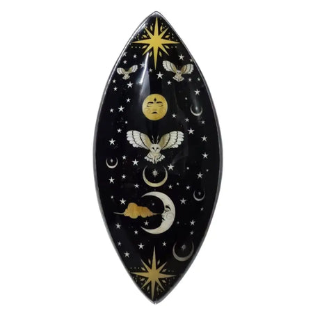 Black ceramic enchanted night owl incense bowl with gold and white celestial stars moons owls and smiling moon face design