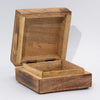 A rustic square mango wood keepsake box with natural grain finish and charred edges featuring enamel toadstools orange design