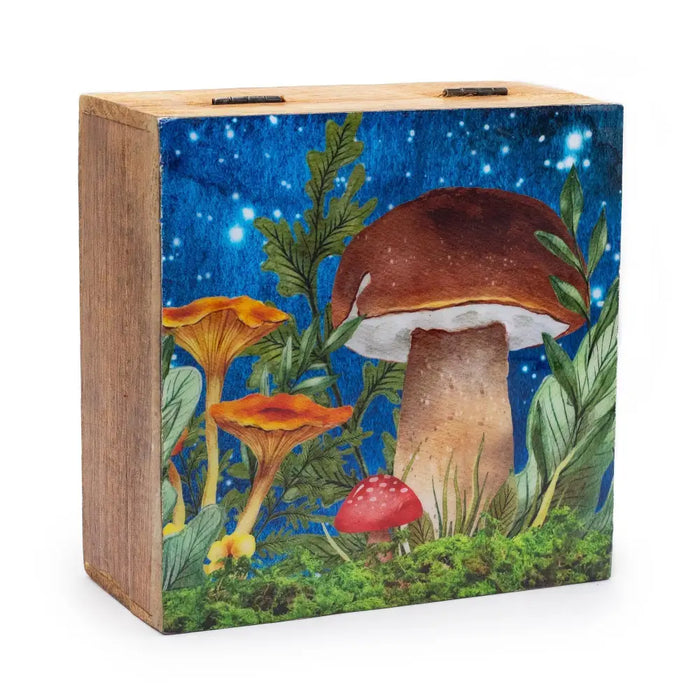 Wooden keepsake box made of mango wood with enamel coated teal toadstools under a starry night sky painted design