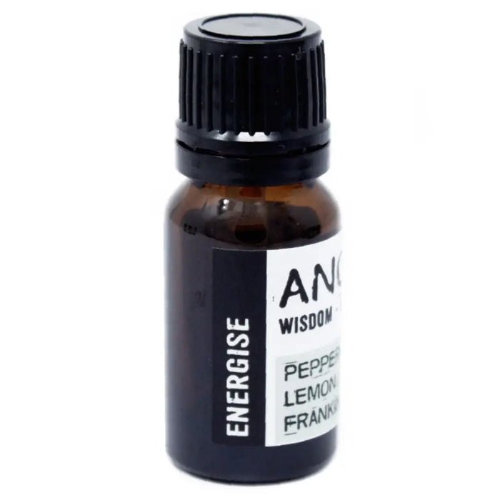 A small amber glass bottle with a black cap and white label reading energise containing an energising essential oil blend