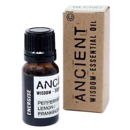 A small amber glass bottle with a black cap containing energising essential oil blend with peppermint lemon frankincense