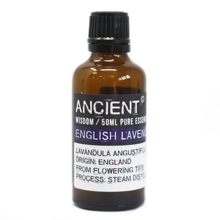 A 50ml amber glass bottle of english lavender essential oil with a black ribbed cap and a dark blue label