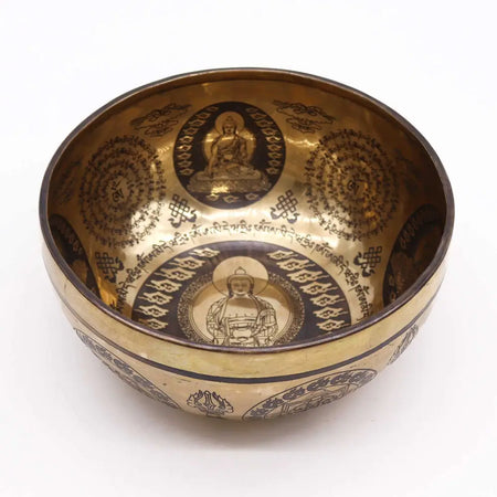 Golden brass singing bowl engraved with five buddhas mantras and patterns 21cm diameter tibetan style