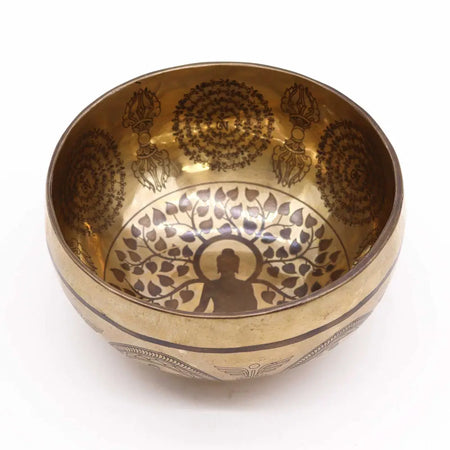 Golden brass tibetan singing bowl engraved with bodhi tree buddha and sanskrit inscriptions 16cm diameter