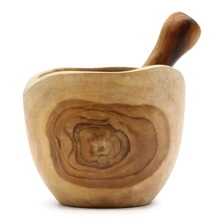 Ergo teak pestle and mortar in large teak with warm earthy tones and natural grain patterns handcrafted from olive wood