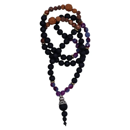 Essence of the volcano necklace with black matte beads natural lava stone brown textured stones and purple amethyst beads
